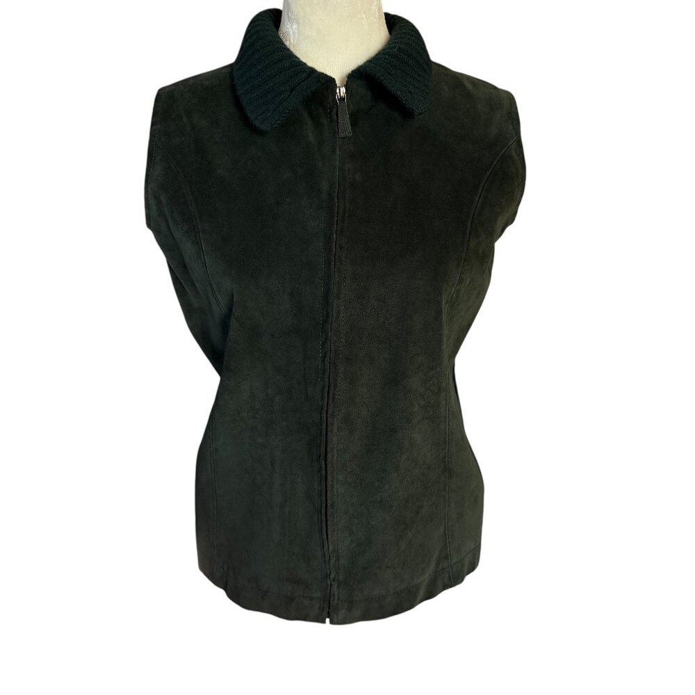 Liz Claiborne Lizsport green leather and wool sleeveless collared zip up vest S